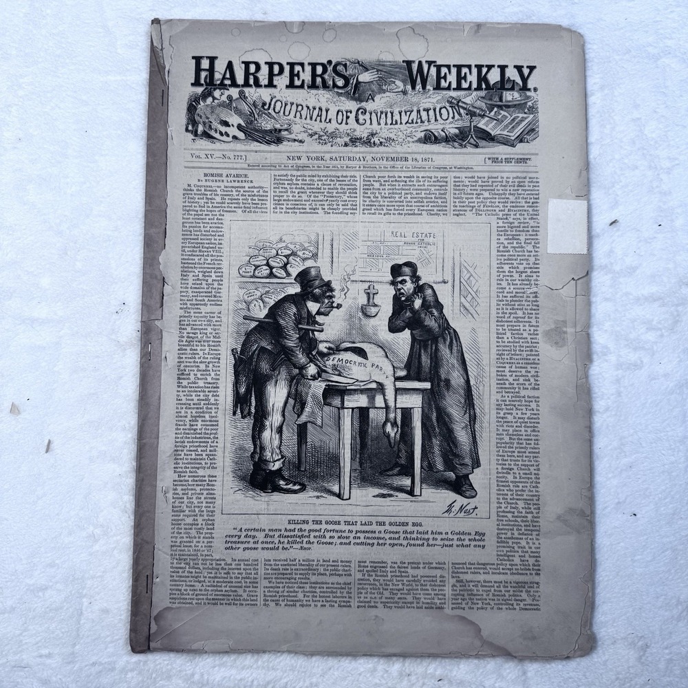 Harpers Weekly Nov 18 1871 Thomas Nast Killing the Goose Boss Tweed Tammany